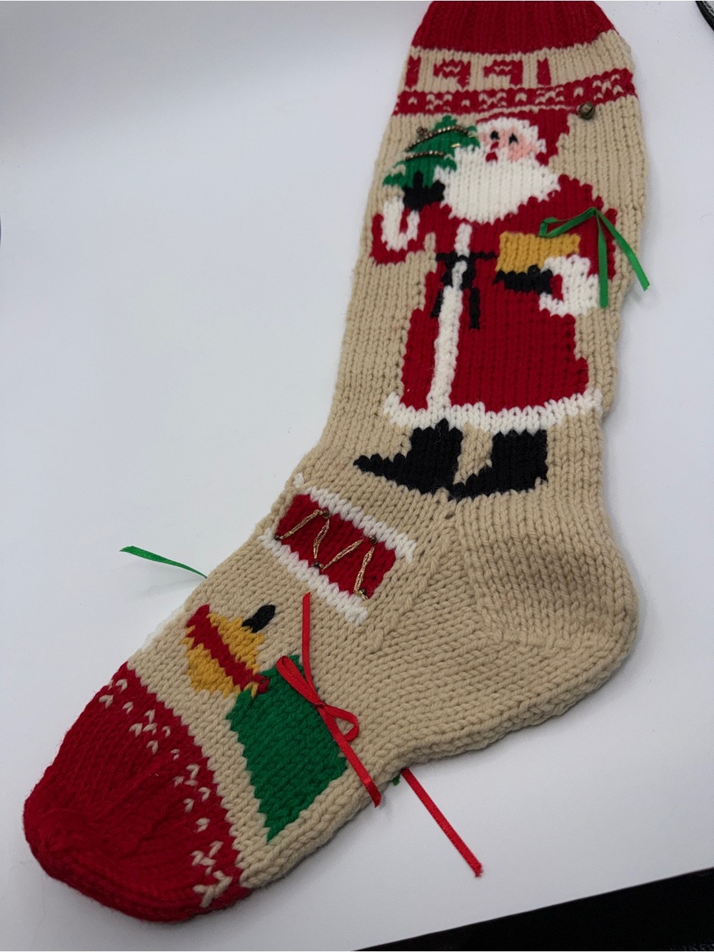 Stocking Christmas 1991 Handmade Knitted Embellished Rare Vtg Santa